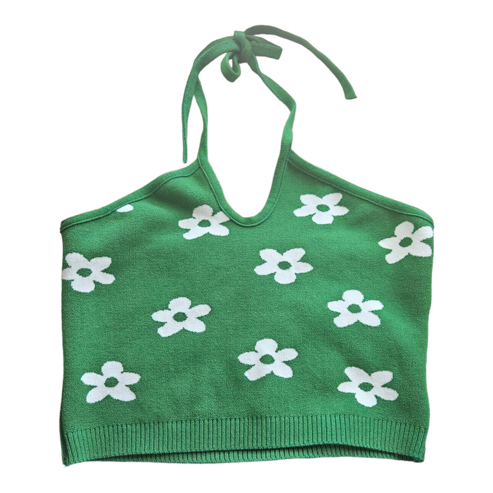 Debut Medium Green Floral Cropped Halter Top